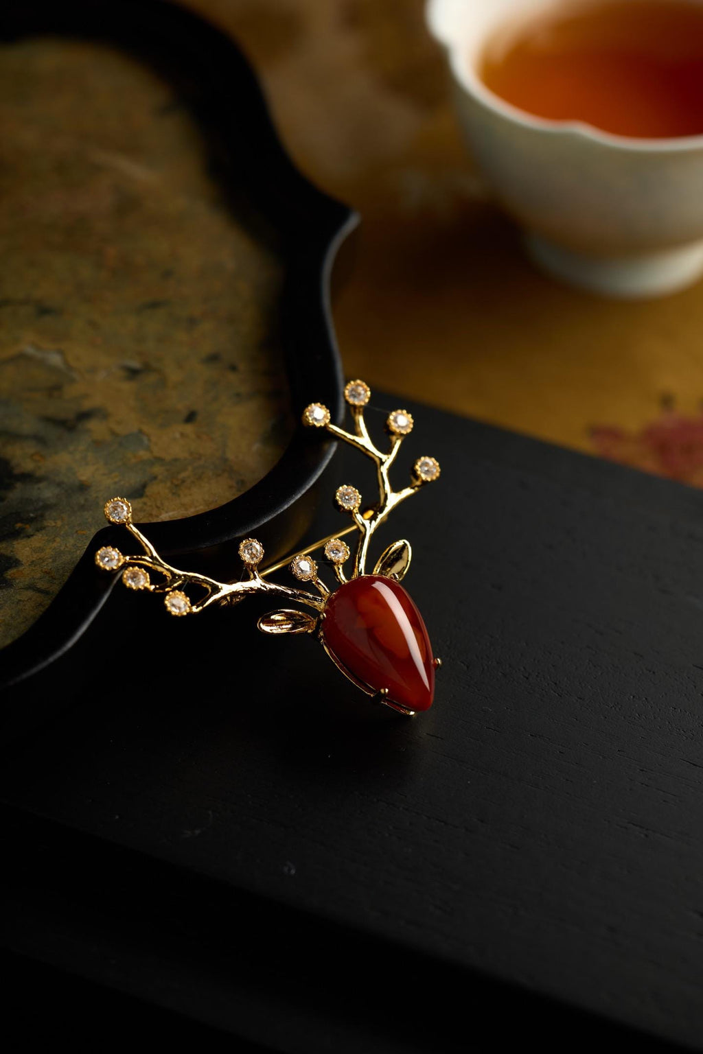 Morado Red Agate Deer Brooch, Gold Plated Silver Animal Pin, Vintage Antler Brooch