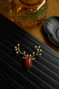 Morado Red Agate Deer Brooch, Gold Plated Silver Animal Pin, Vintage Antler Brooch
