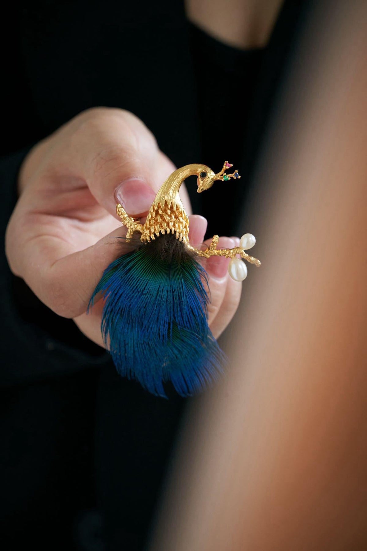 Morado Gold Plated Copper Peacock Feather Brooch, Blue Statement Bird Pin