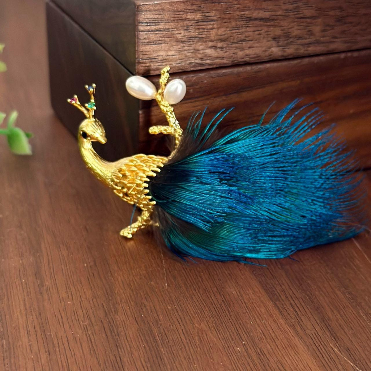 Morado Gold Plated Copper Peacock Feather Brooch, Blue Statement Bird Pin