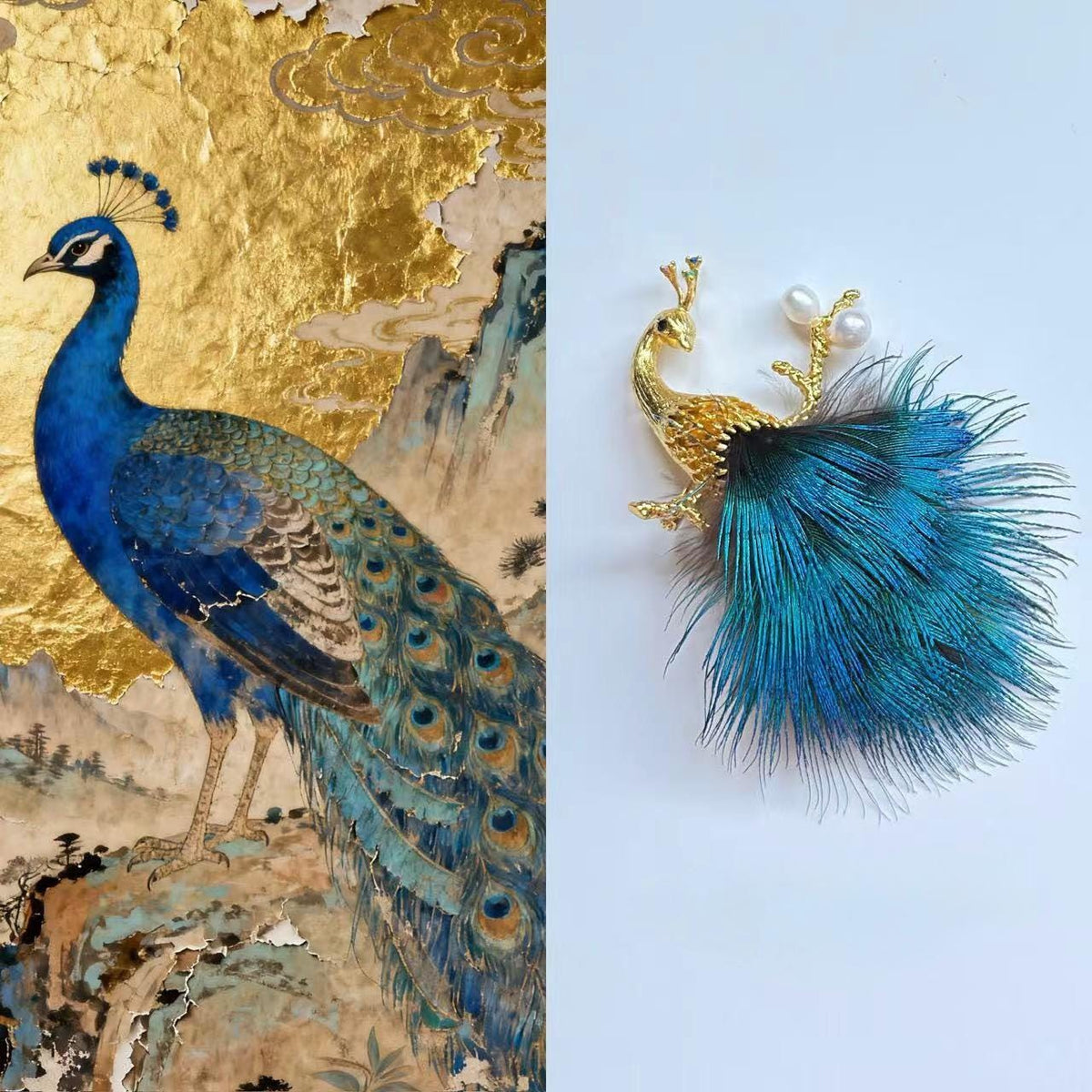 Morado Gold Plated Copper Peacock Feather Brooch, Blue Statement Bird Pin