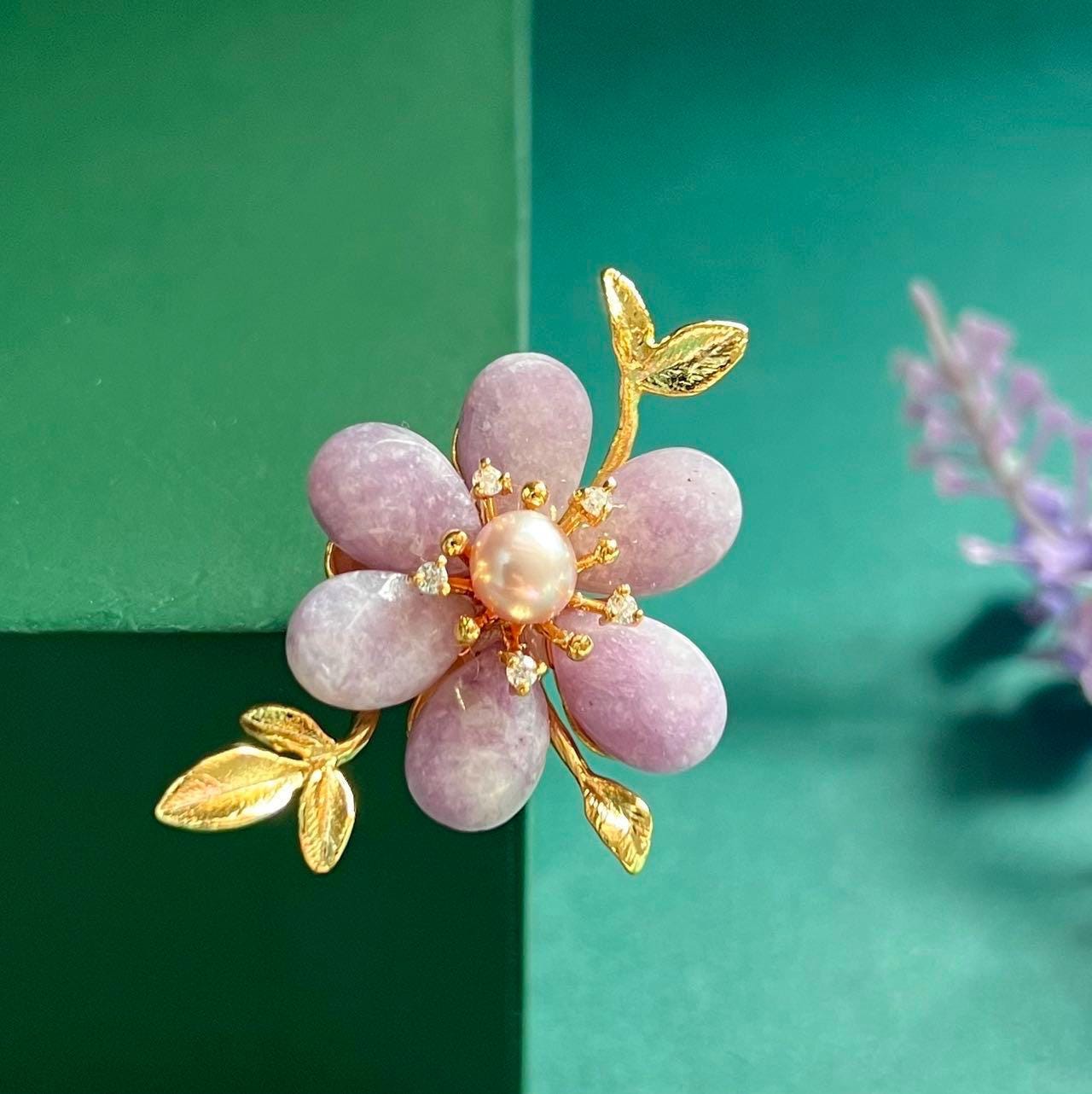 Morado Lavender Crystal Flower Copper Brooch, Freshwater Pearl Gold Plated Pin, Dainty Floral Brooch