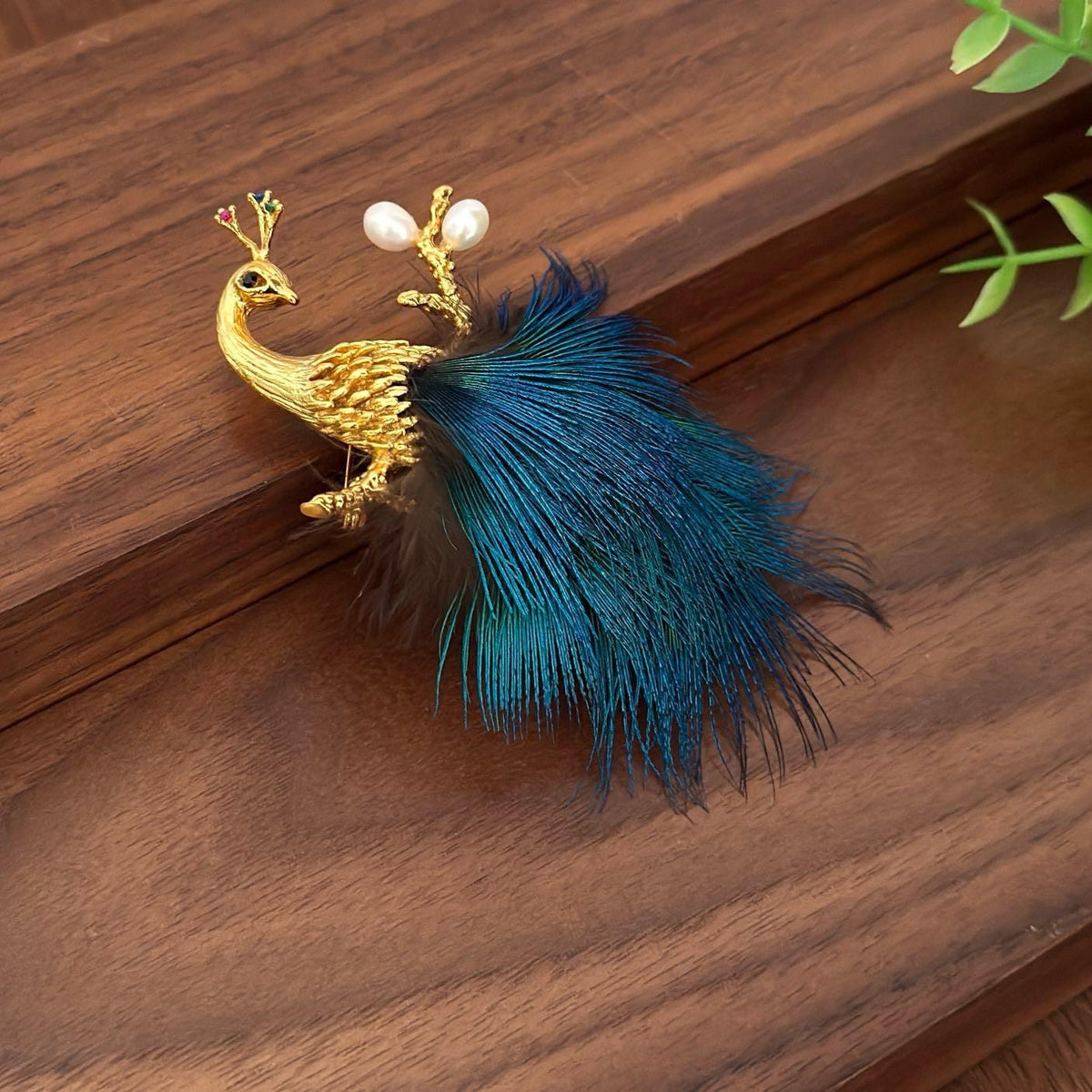 Morado Gold Plated Copper Peacock Feather Brooch, Blue Statement Bird Pin