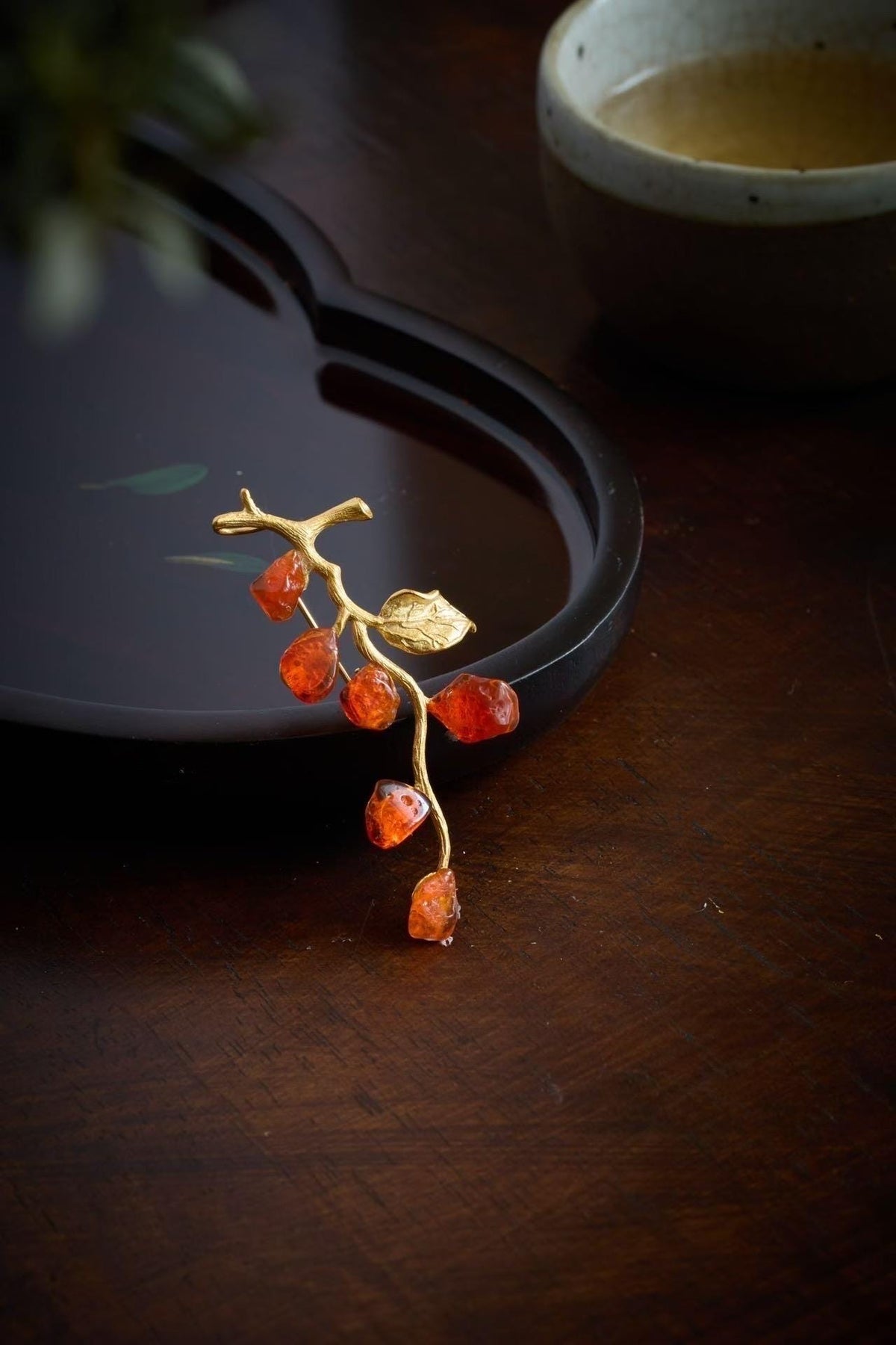 Morado Natural Fire Opal Branch Brooch, Handmade 925 Silver with Gold-Plated, Multi-Wear Pin