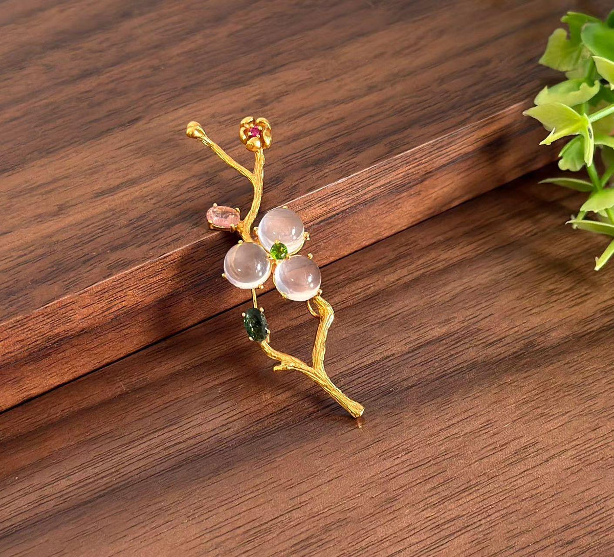 Morado Rose Quartz Blossom Brooch • Gold Plated Sterling Silver, Oriental Art, Multi-Wear Pin