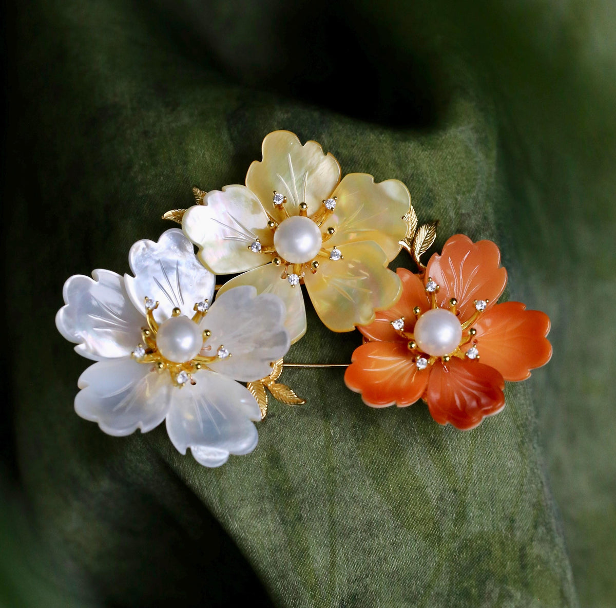 Morado Tricolor Shell Plum Blossom Brooch, Gold Plated Copper Floral Pearl Pin