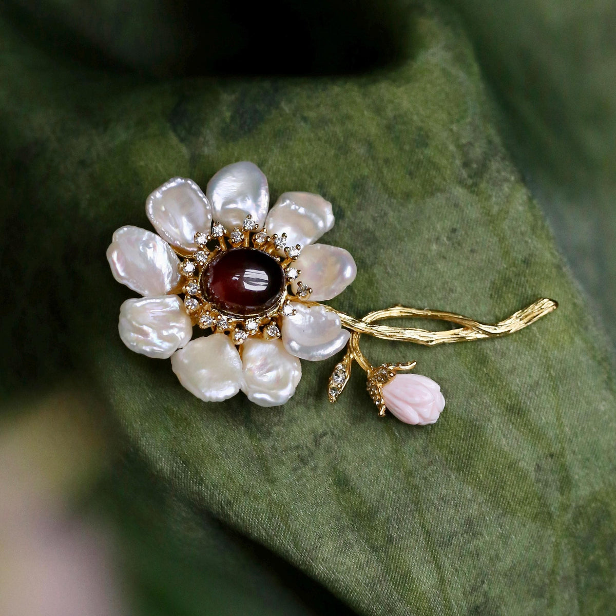 Morado Garnet Mother of Pearl Flower Brooch, Gold Plated Silver, Multi-Wear Pin