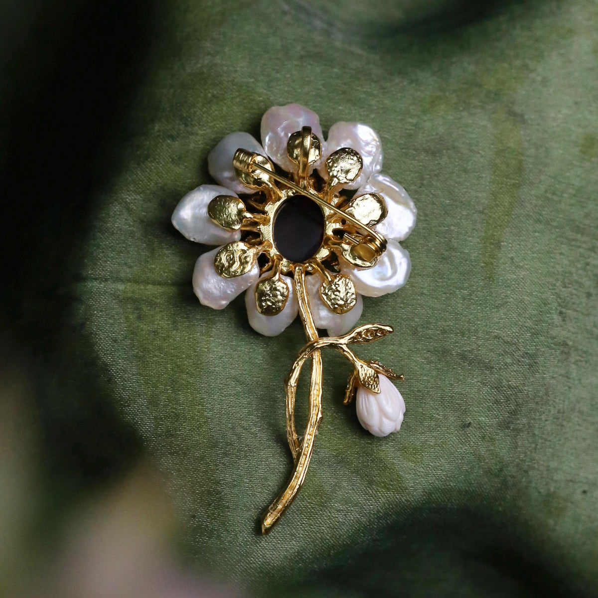 Morado Garnet Mother of Pearl Flower Brooch, Gold Plated Silver, Multi-Wear Pin