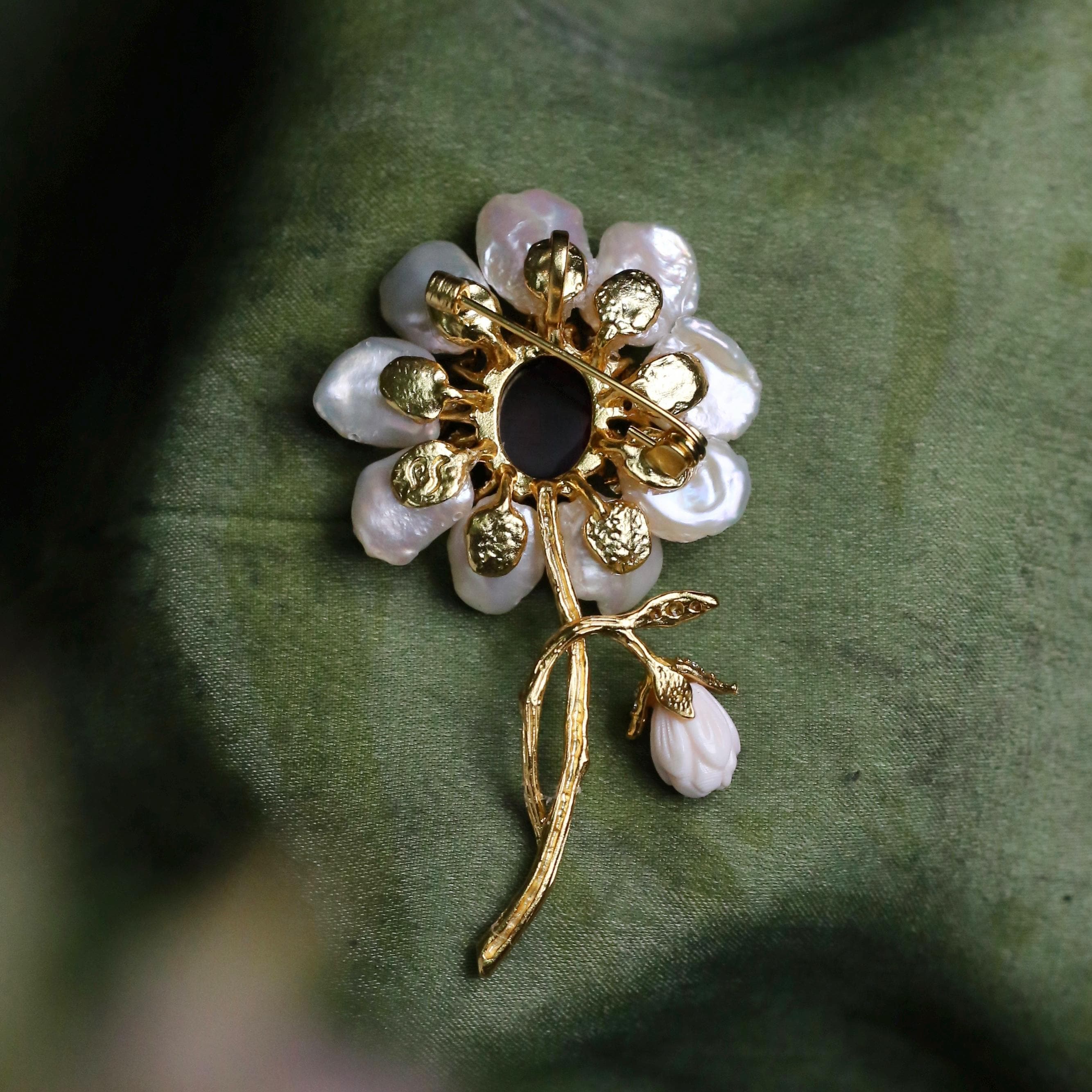 Morado Garnet Mother of Pearl Flower Brooch, Gold Plated Silver, Multi-Wear Pin