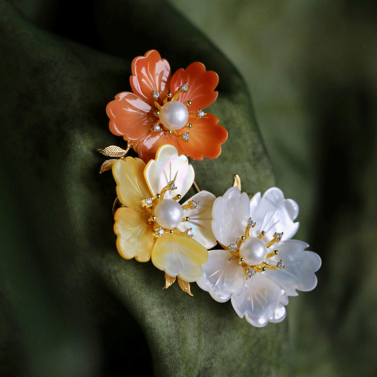 Morado Tricolor Shell Plum Blossom Brooch, Gold Plated Copper Floral Pearl Pin