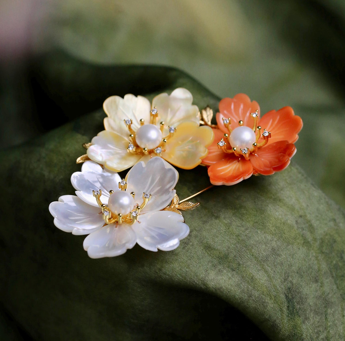 Morado Tricolor Shell Plum Blossom Brooch, Gold Plated Copper Floral Pearl Pin