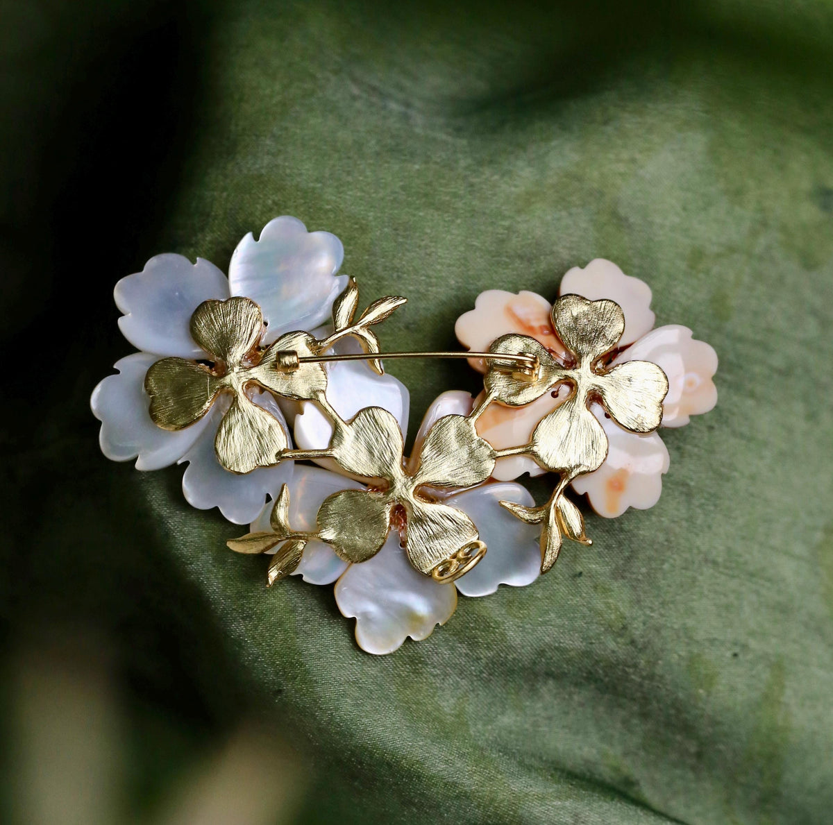 Morado Tricolor Shell Plum Blossom Brooch, Gold Plated Copper Floral Pearl Pin