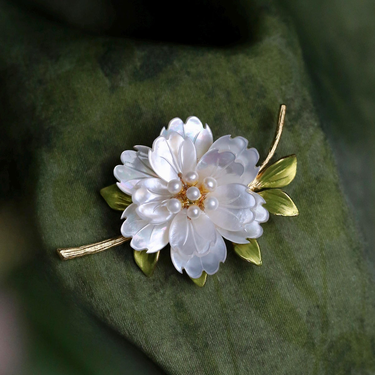 Morado Mother of Pearl Flower Brooch, Gold Plated Copper Peony Pin, Multi-Wear Pin