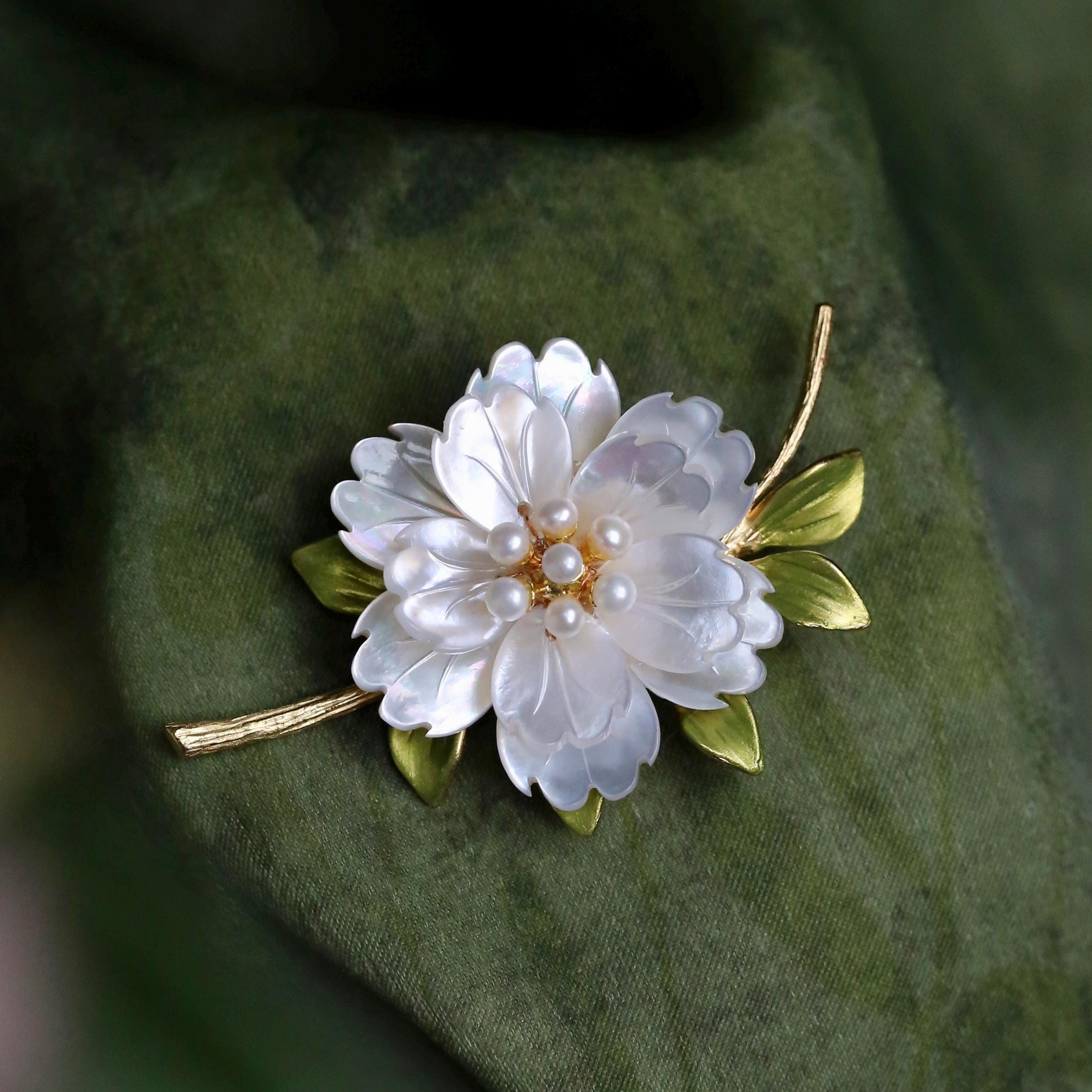 Morado Mother of Pearl Flower Brooch, Gold Plated Copper Peony Pin, Multi-Wear Pin