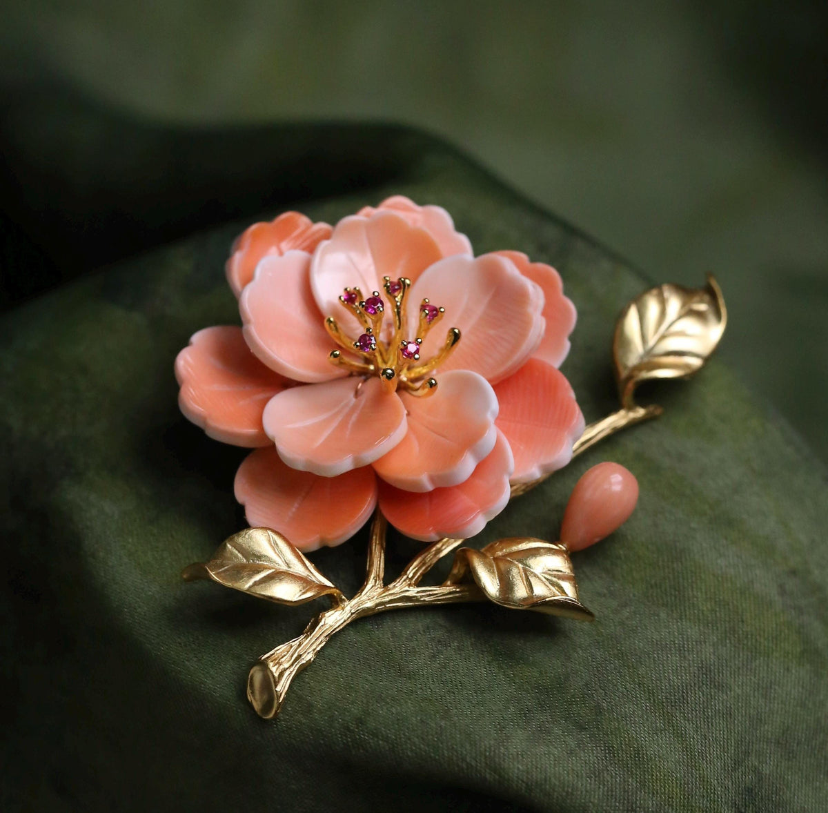 Morado Handmade Camellia Brooch, Gold-Plated Copper, Carved Conch Shell Flower, Multi-wear design