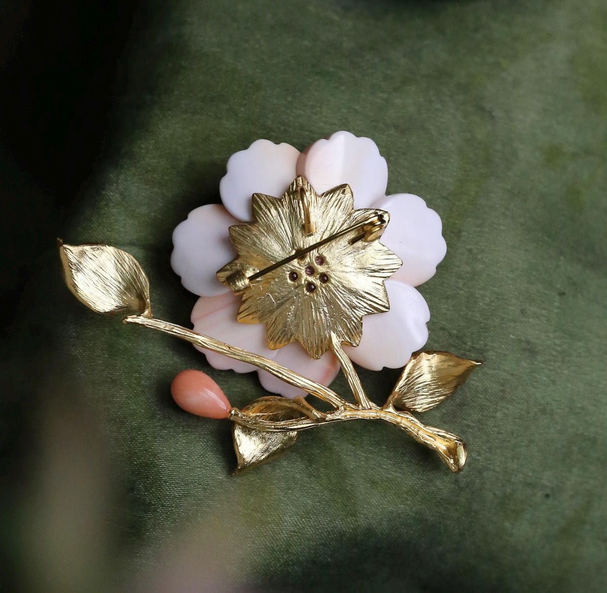 Morado Handmade Camellia Brooch, Gold-Plated Copper, Carved Conch Shell Flower, Multi-wear design