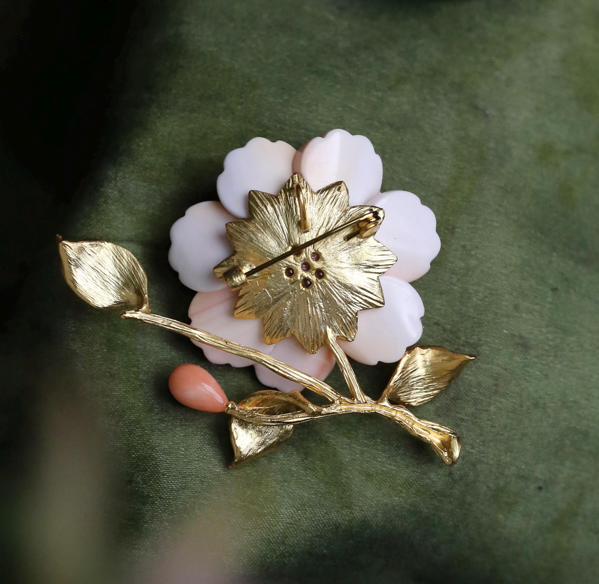 Morado Handmade Camellia Brooch, Gold-Plated Copper, Carved Conch Shell Flower, Multi-wear design