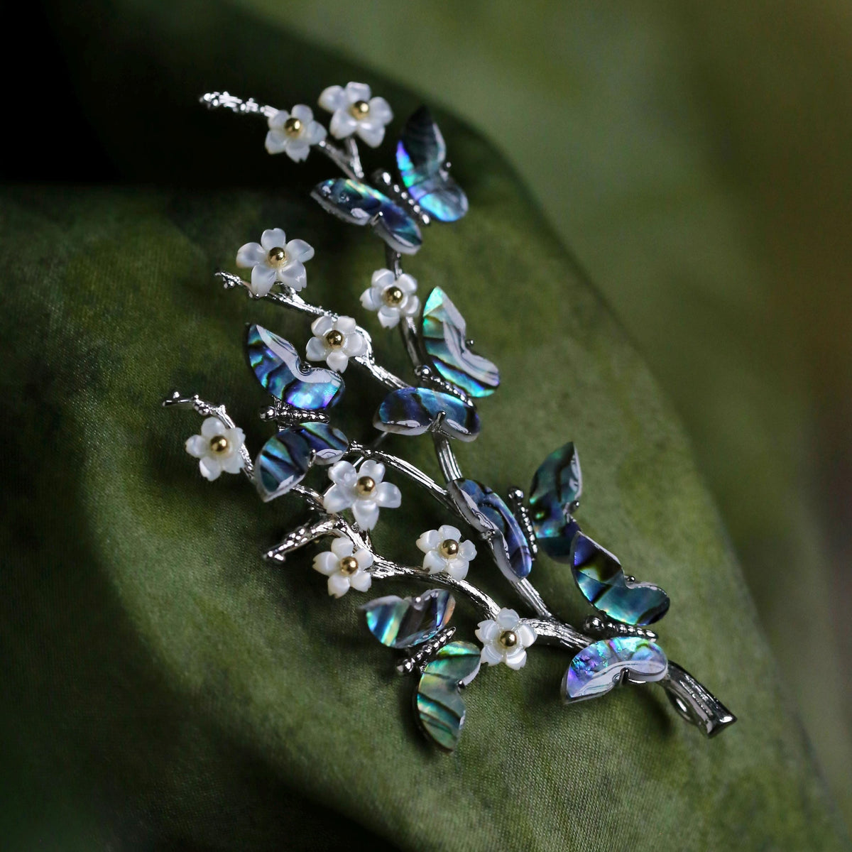Morado Abalone Butterfly Brooch, Platinum Gold Plated Copper with Mother of Pearl Flower Pin