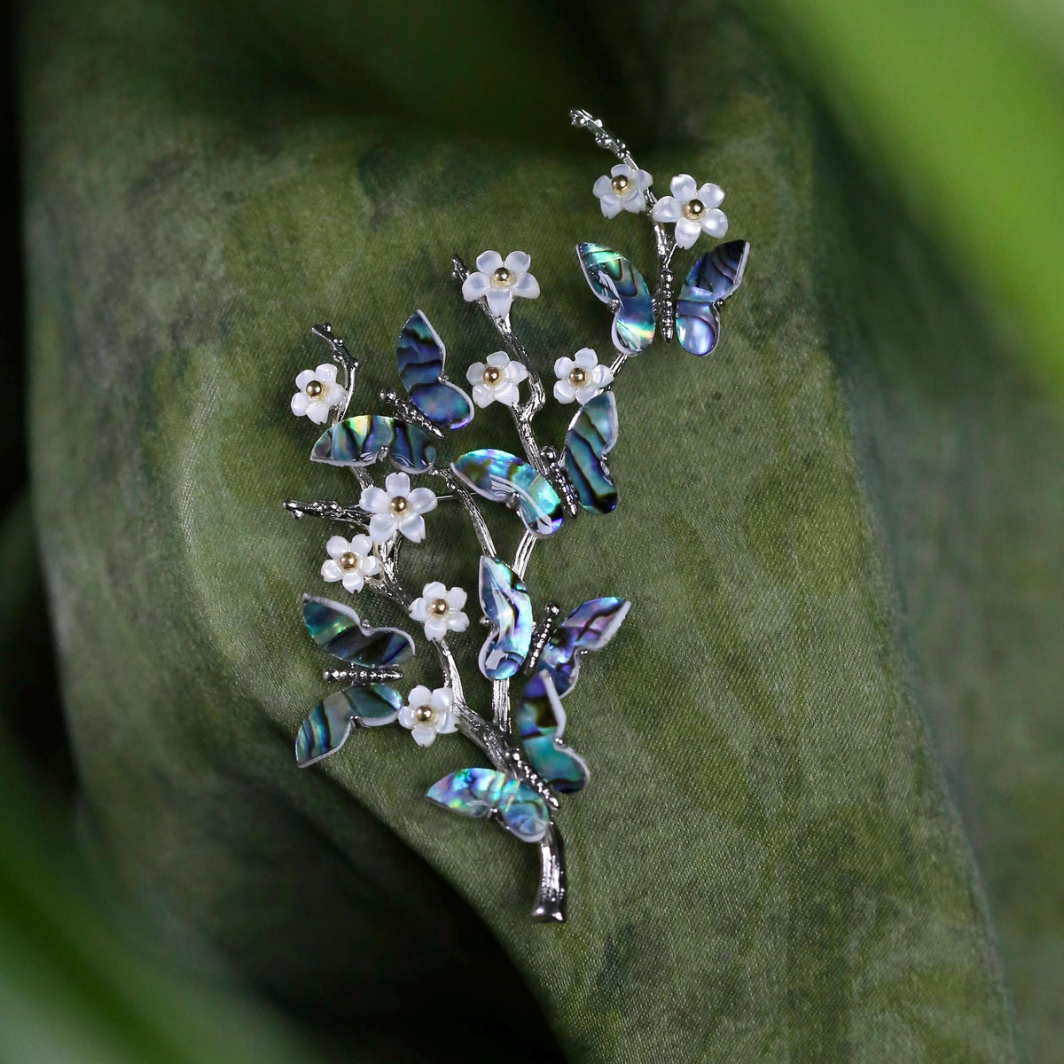 Morado Abalone Butterfly Brooch, Platinum Gold Plated Copper with Mother of Pearl Flower Pin