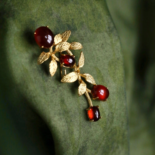 Morado Hand-Carved Garnet Brooch, Gold-Plated Sterling Silver Branch Pin, Multi-wear design