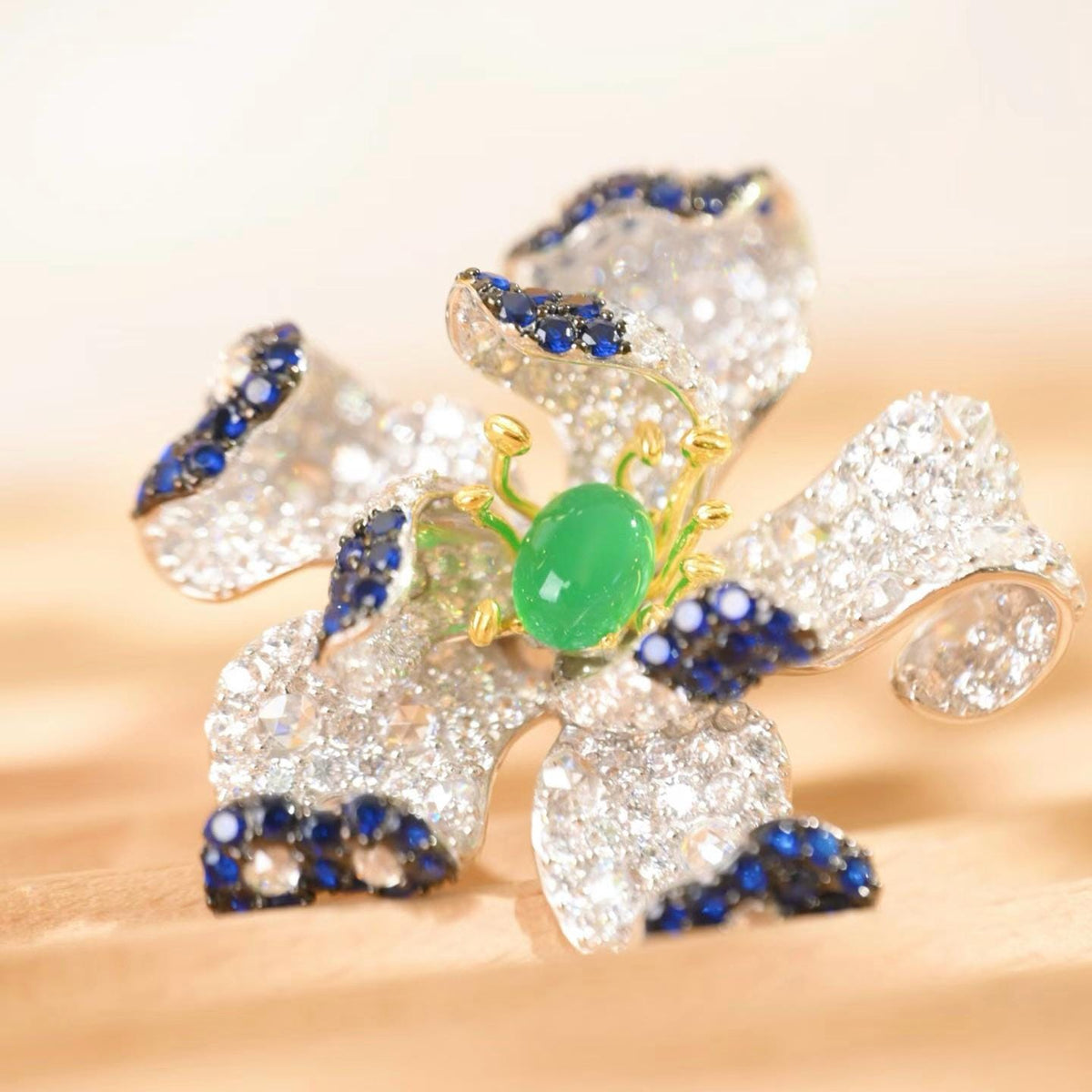 Morado Green Agate Floral Brooch, Platinum Plated Sterling Silver, Zirconia Statement Pin