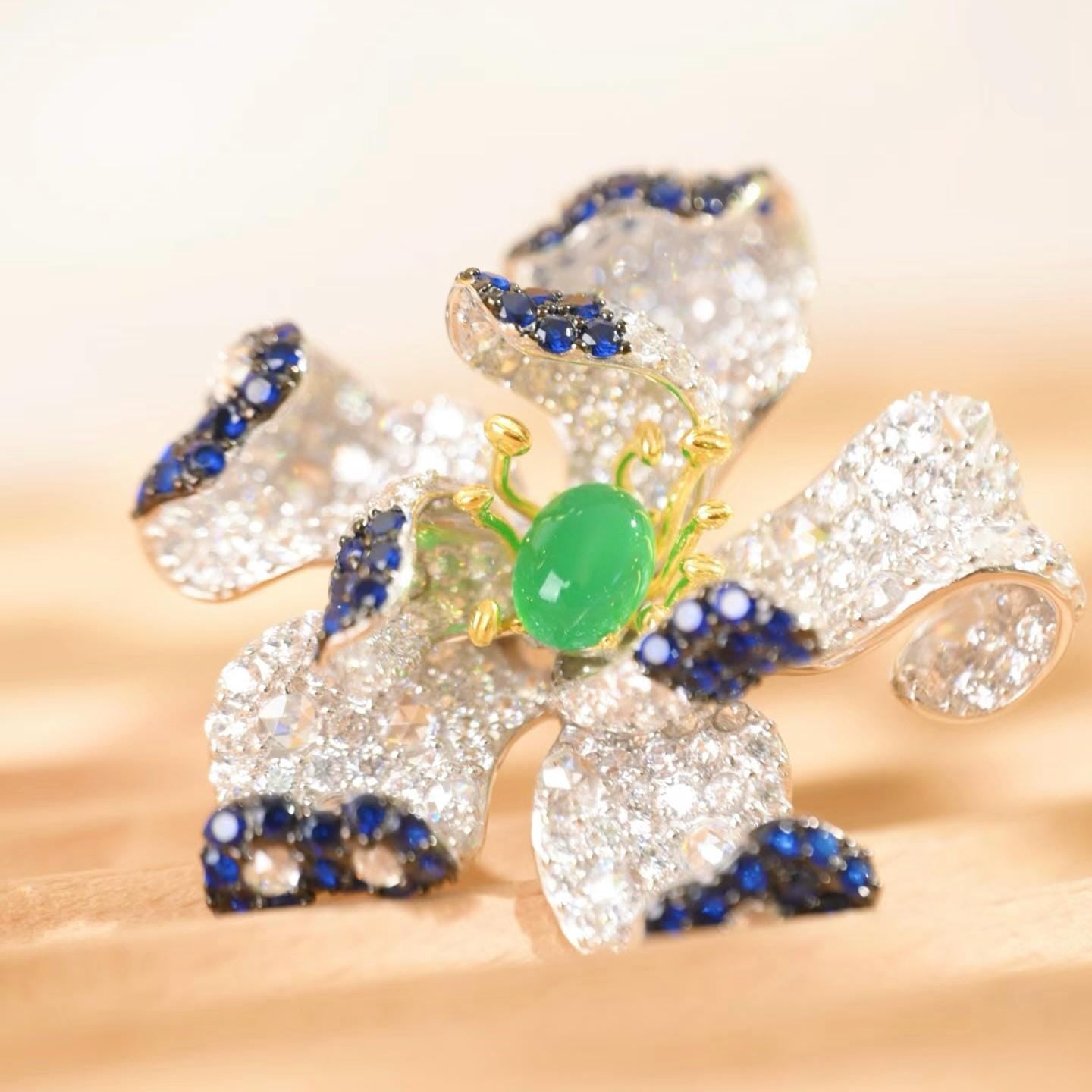Morado Green Agate Floral Brooch, Platinum Plated Sterling Silver, Zirconia Statement Pin