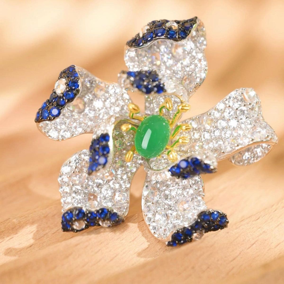 Morado Green Agate Floral Brooch, Platinum Plated Sterling Silver, Zirconia Statement Pin