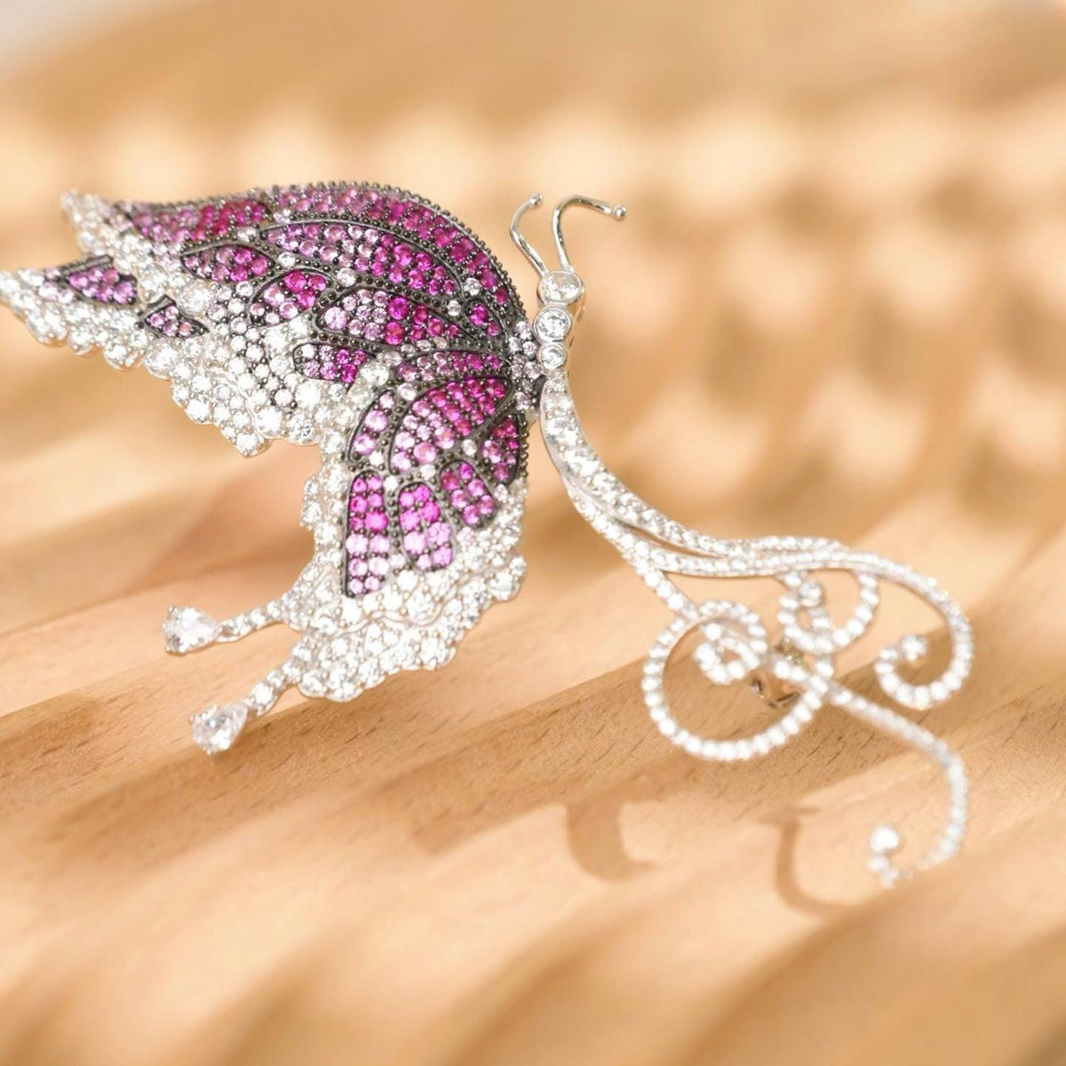 Morado Pink Zirconia Butterfly Brooch, 925 Sterling Silver Platinum Plated Luxury Statement Brooch