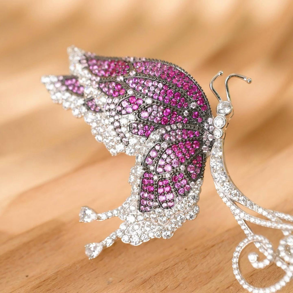 Morado Pink Zirconia Butterfly Brooch, 925 Sterling Silver Platinum Plated Luxury Statement Brooch