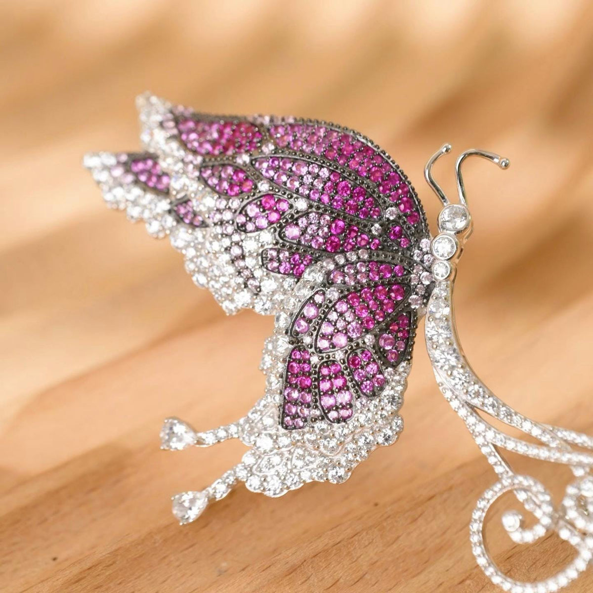 Morado Pink Zirconia Butterfly Brooch, 925 Sterling Silver Platinum Plated Luxury Statement Brooch
