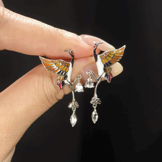 Morado Crane Enamel & Zirconia Drop Earrings, 925 Sterling Silver Platinum CZ Dangle Earrings