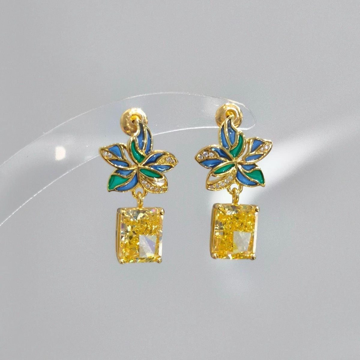 Morado Yellow Zirconia 925 Sterling Silver 18K Platinum Enamel Blue Green Flower Drop Earrings