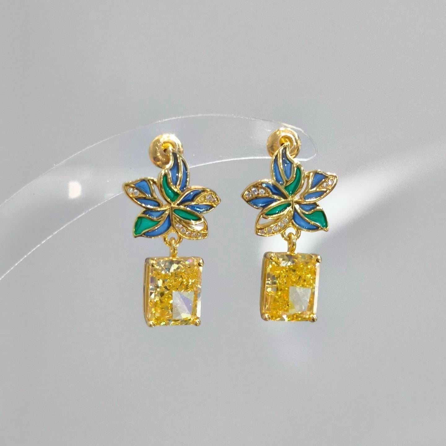 Morado Yellow Zirconia 925 Sterling Silver 18K Platinum Enamel Blue Green Flower Drop Earrings