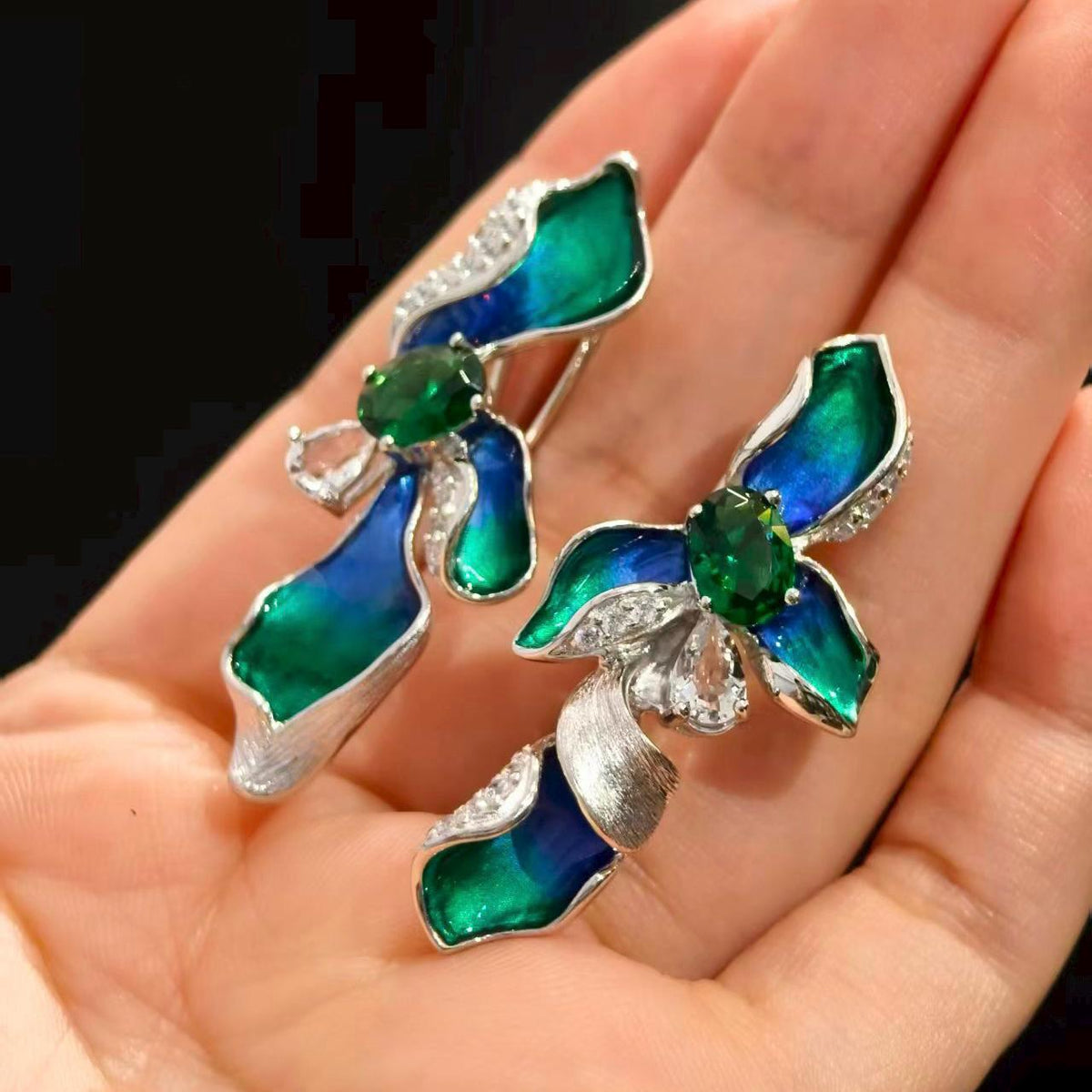 Morado Blue Green Enamel Floral 925 Sterling Silver Earrings with Green Cubic Zirconia