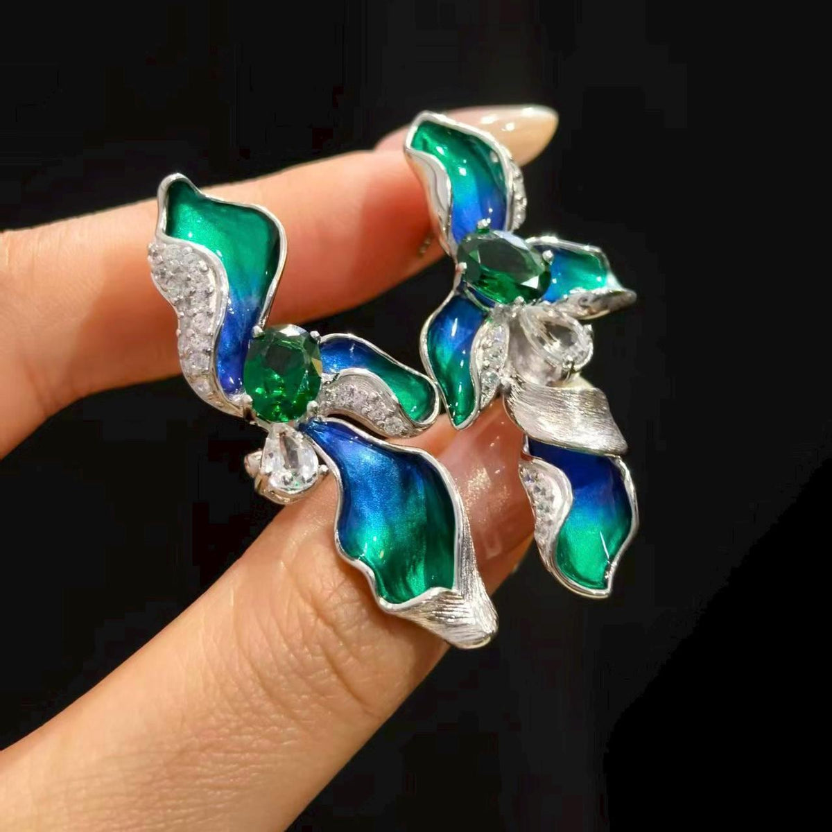 Morado Blue Green Enamel Floral 925 Sterling Silver Earrings with Green Cubic Zirconia