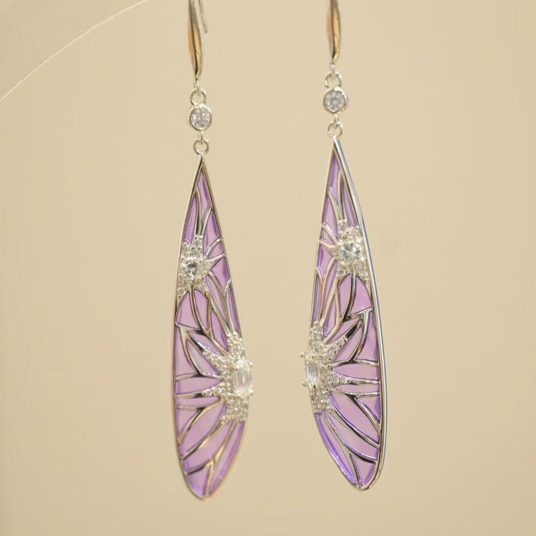 Morado Purple Plique-à-Jour Enamel Drop Earrings, 18K Platinum Sterling Silver