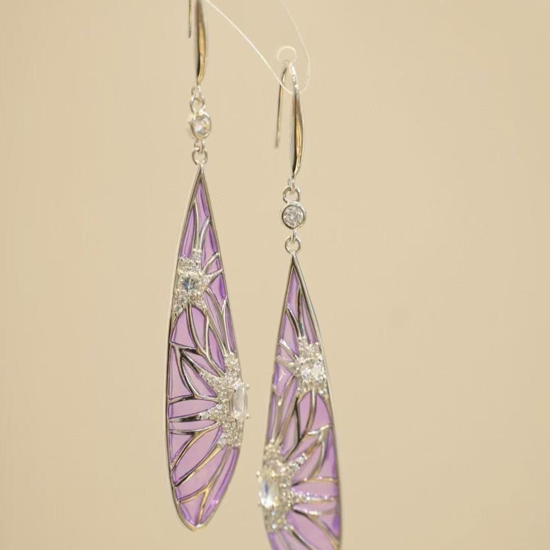 Morado Purple Plique-à-Jour Enamel Drop Earrings, 18K Platinum Sterling Silver