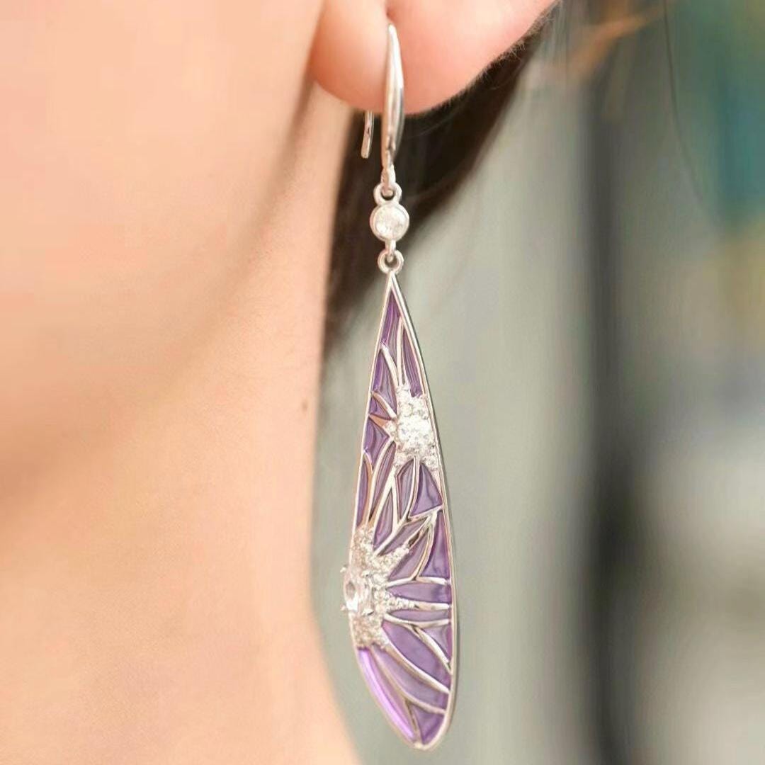 Morado Purple Plique-à-Jour Enamel Drop Earrings, 18K Platinum Sterling Silver