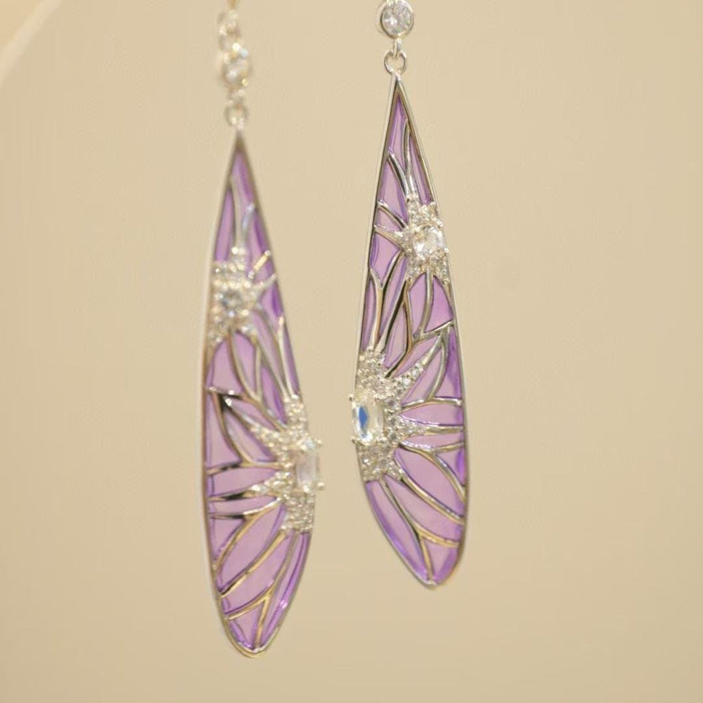 Morado Purple Plique-à-Jour Enamel Drop Earrings, 18K Platinum Sterling Silver