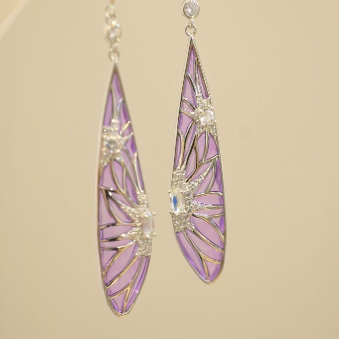 Morado Purple Plique-à-Jour Enamel Drop Earrings, 18K Platinum Sterling Silver