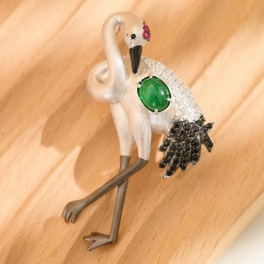 Morado Red Crowned Crane Brooch, Green Agate Zirconia Platinum Silver Statement Jewelry Pin