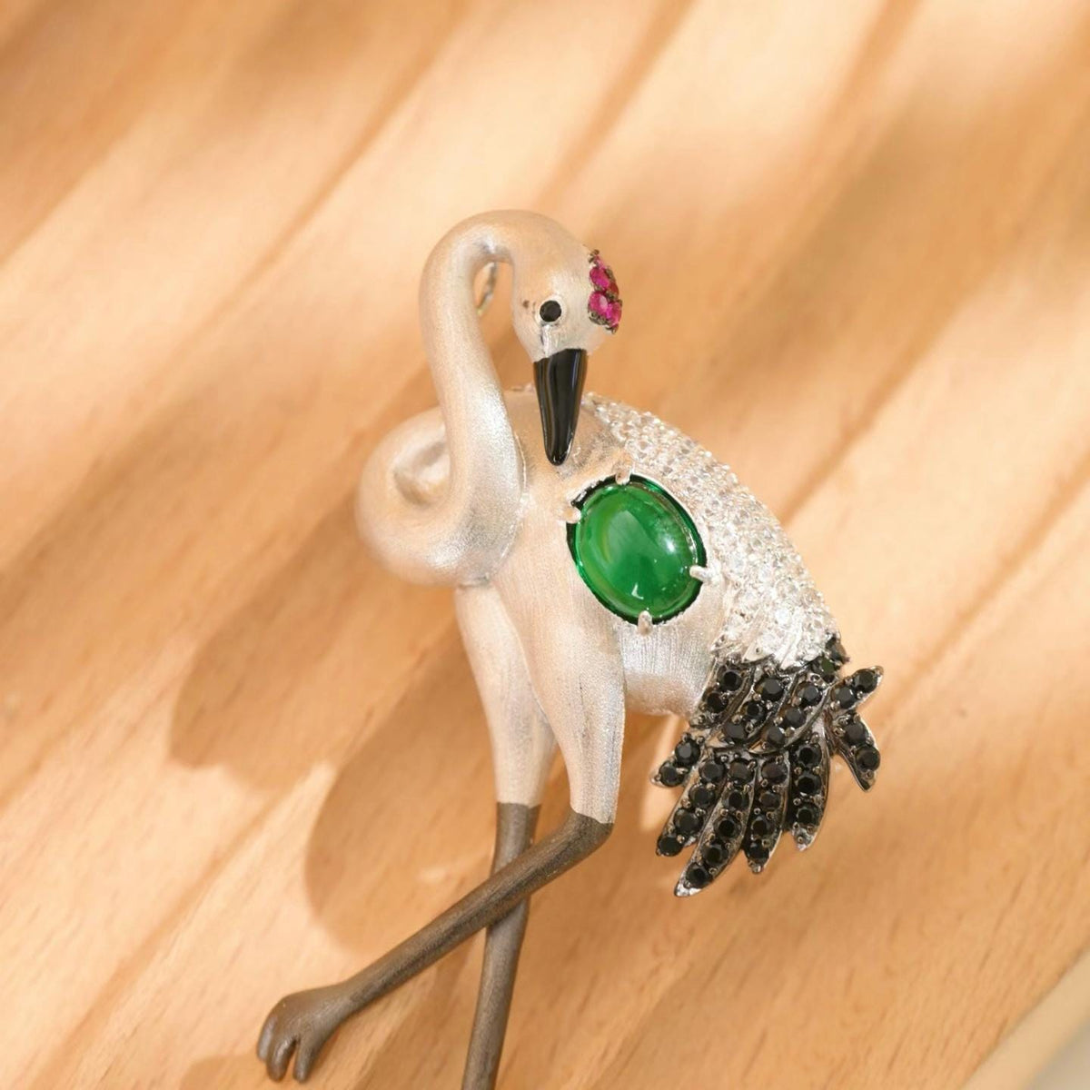 Morado Red Crowned Crane Brooch, Green Agate Zirconia Platinum Silver Statement Jewelry Pin