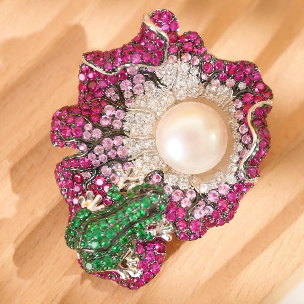 Morado Lotus Leaf Frog Brooch, Pearl Zirconia Platinum Plated Silver Nature Jewelry