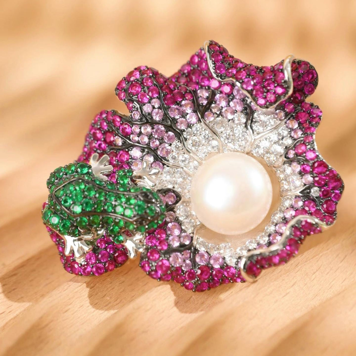 Morado Lotus Leaf Frog Brooch, Pearl Zirconia Platinum Plated Silver Nature Jewelry