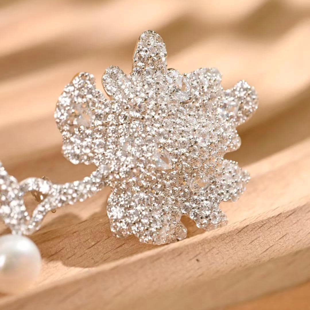 Morado Platinum Plated Sterling Silver Floral Brooch, Cubic Zirconia Pearl Statement Pin
