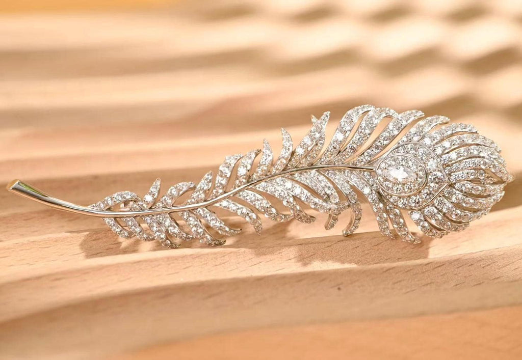 Morado Platinum Plated Sterling Silver Pavé Cubic Zirconia Feather Brooch, Statement Pin Jewelry