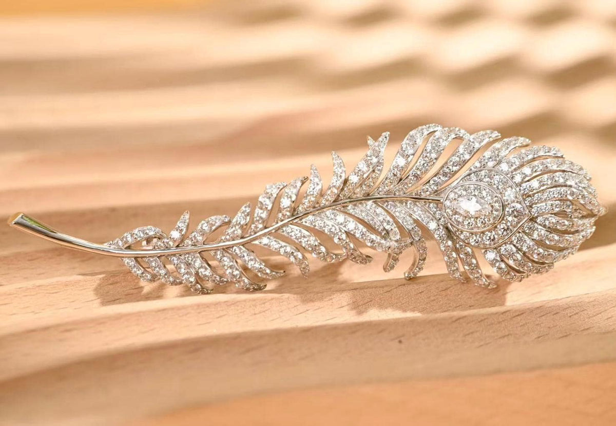 Morado Platinum Plated Sterling Silver Pavé Cubic Zirconia Feather Brooch, Statement Pin Jewelry