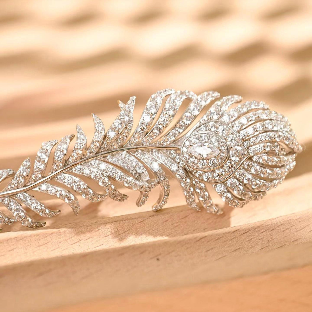 Morado Platinum Plated Sterling Silver Pavé Cubic Zirconia Feather Brooch, Statement Pin Jewelry