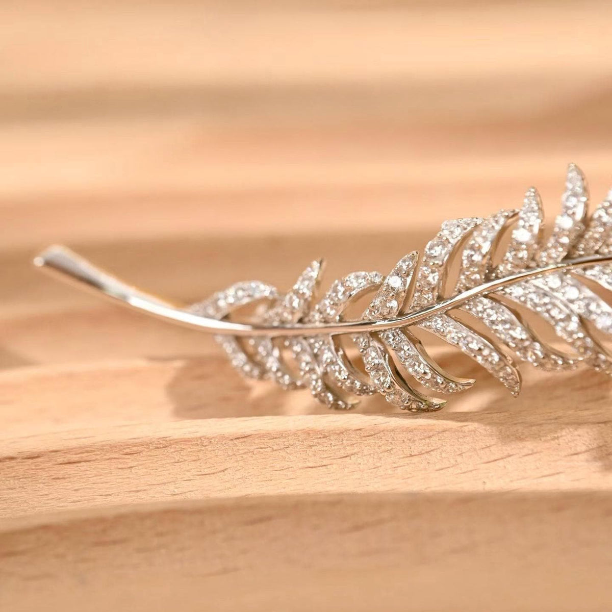 Morado Platinum Plated Sterling Silver Pavé Cubic Zirconia Feather Brooch, Statement Pin Jewelry