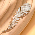 Morado Platinum Plated Sterling Silver Pavé Cubic Zirconia Feather Brooch, Statement Pin Jewelry